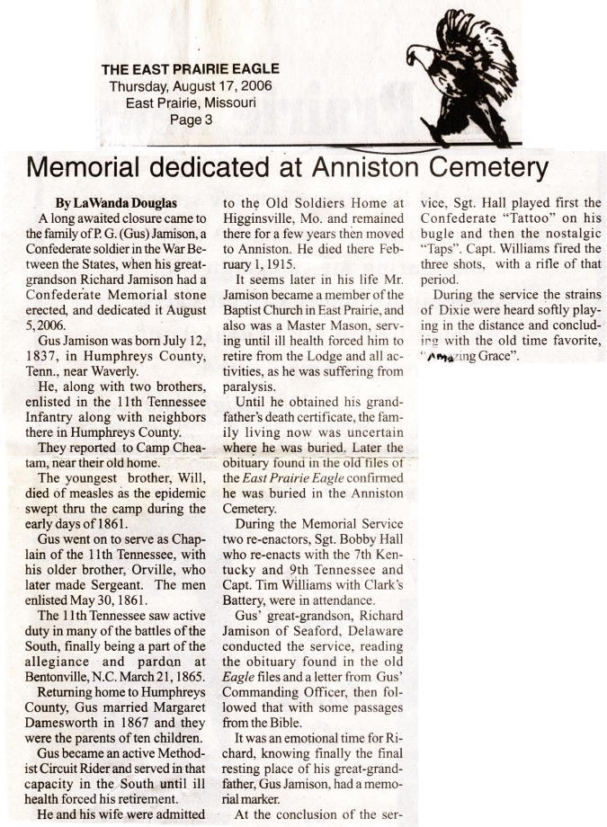 Memorial marker dedicated to P. G. (Gus) Jamison of the 11th Tennessee Co. 'I'.